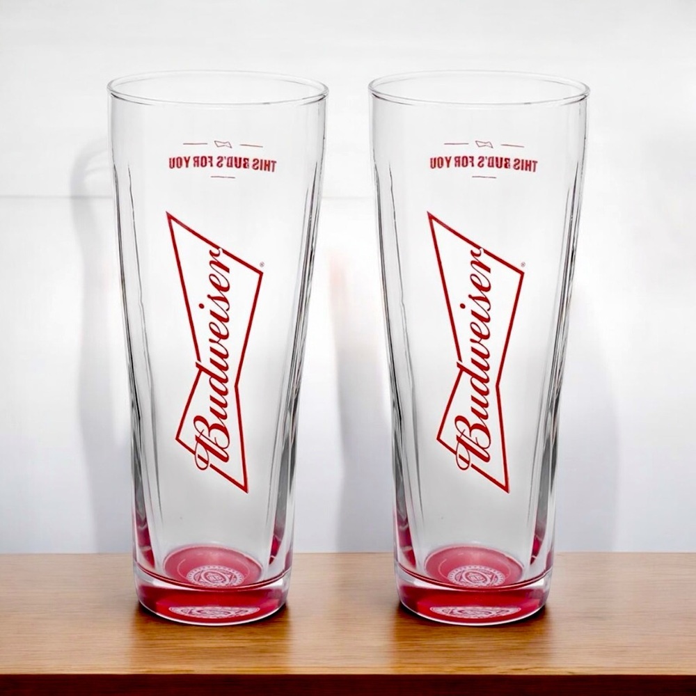 Limited Edition Budweiser Red Bottom Glasses. Boelter Brands. Tall Beer Glass.